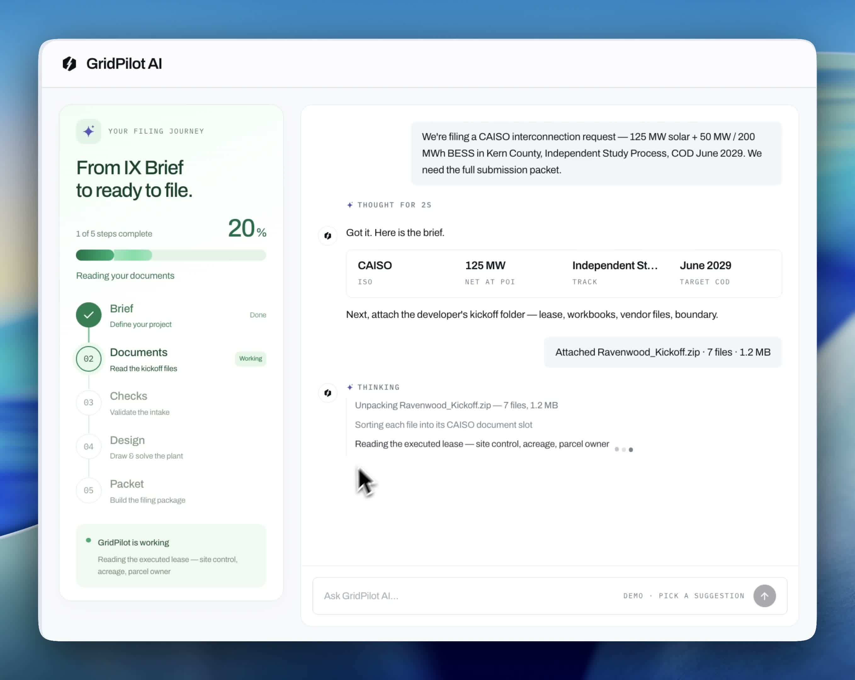 Original prototype at five seconds: progress repeated in the rail, percentage bar, and status card; Reading the executed lease repeated in chat and the status card; the study track truncated in the brief
