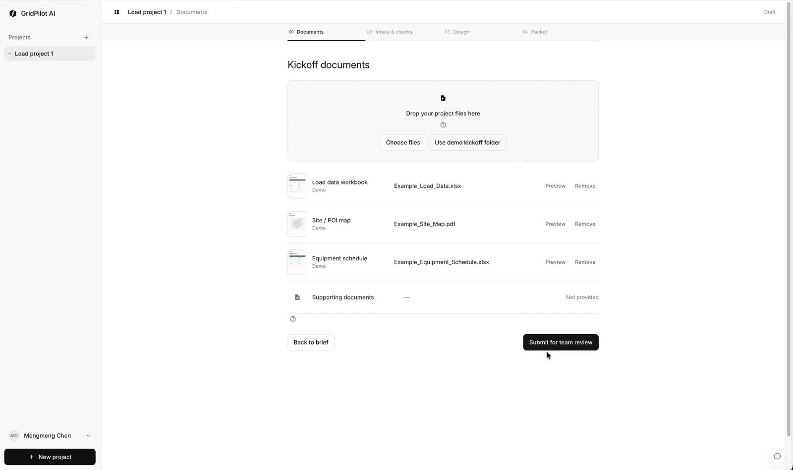 Client kickoff documents with file thumbnails, inline Preview and Remove, a Not provided state, and Submit for team review
