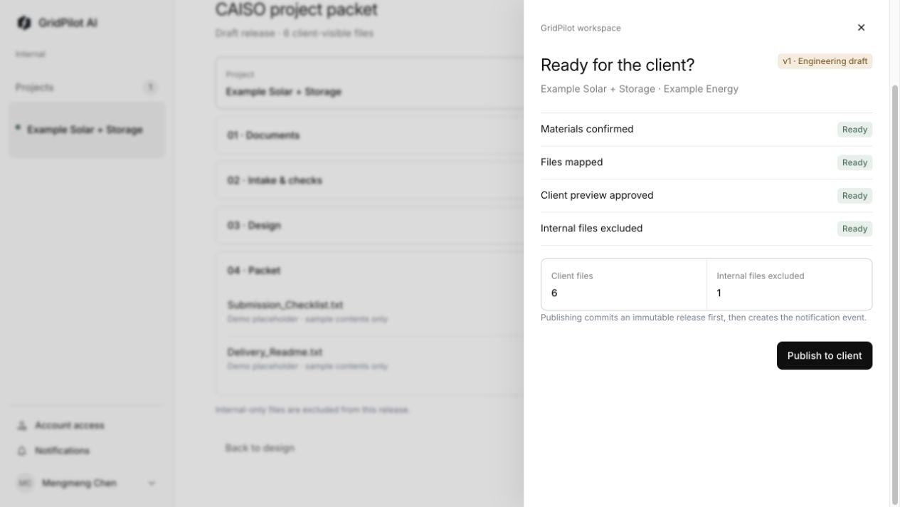 Release gate showing materials confirmed, mapped files, approved client preview, and internal-only files excluded before publishing