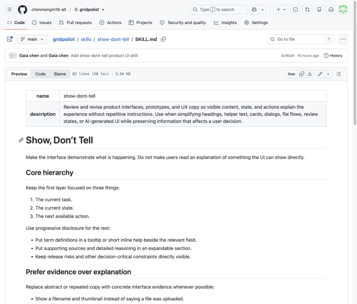 Actual GitHub screenshot of skills/show-dont-tell/SKILL.md showing the Show, Don’t Tell rule, core hierarchy, and progressive disclosure guidance