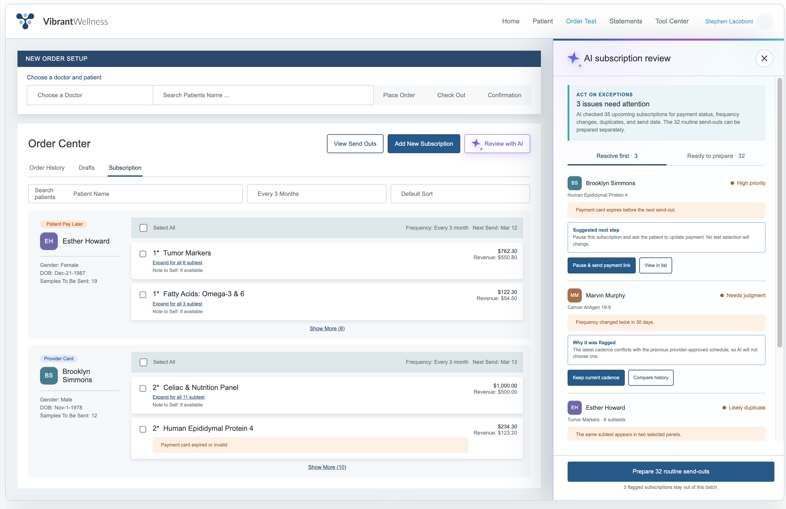 Subscription page with an AI review panel explaining three exceptions and a provider-controlled action for 32 routine send-outs