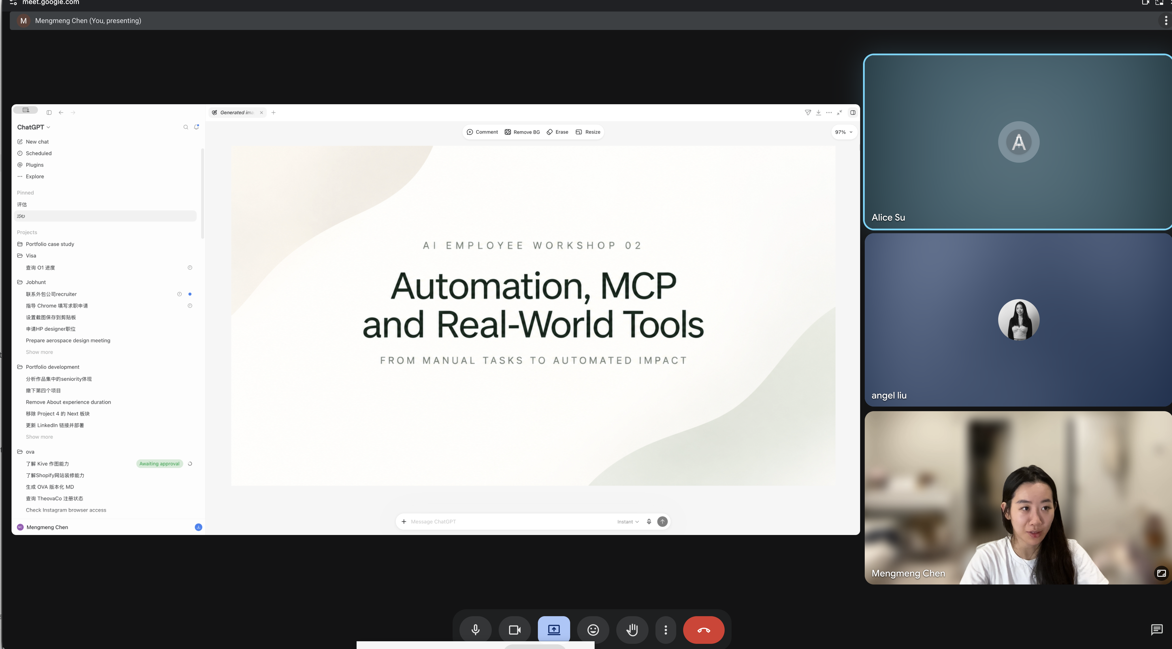 Mengmeng leading an AI employee workshop on automation, MCP, and real-world tools for designers from multiple teams