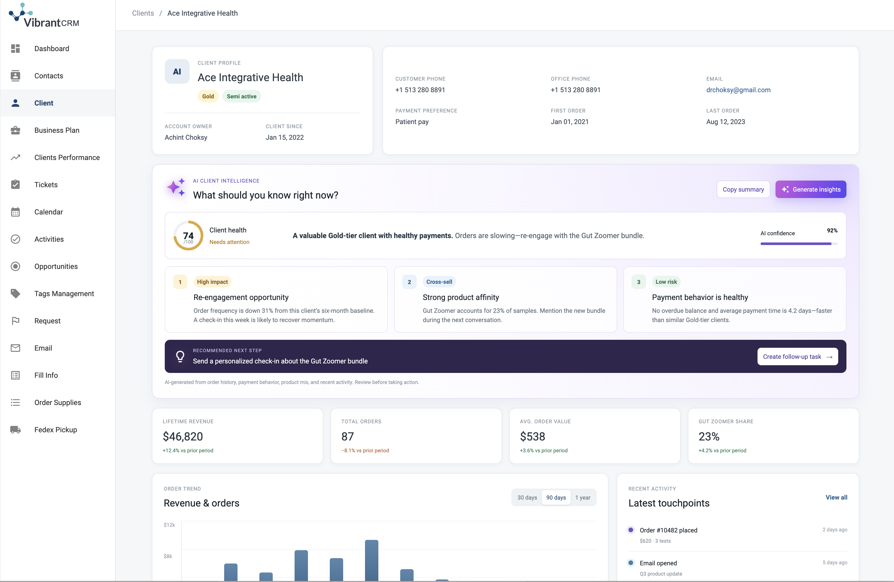 Vibrant CRM AI client intelligence concept with account health, evidence, prioritized opportunities, confidence, and a recommended next step