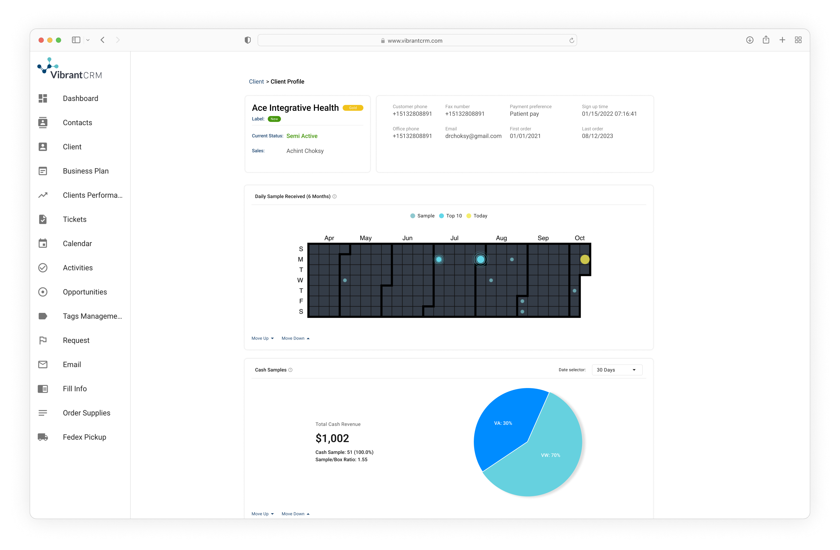 Original Vibrant CRM client profile with client details, sample activity, and revenue charts