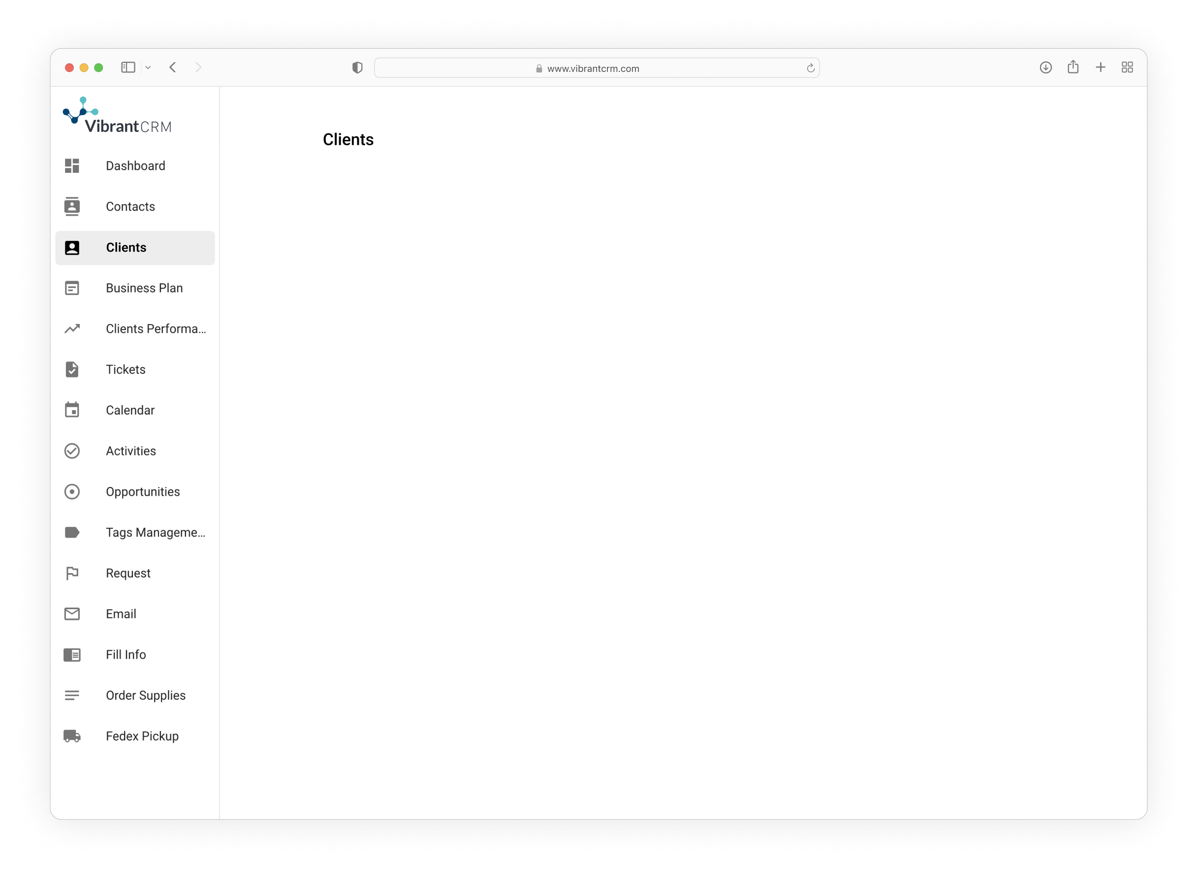 Vibrant CRM Clients workspace inside the product navigation