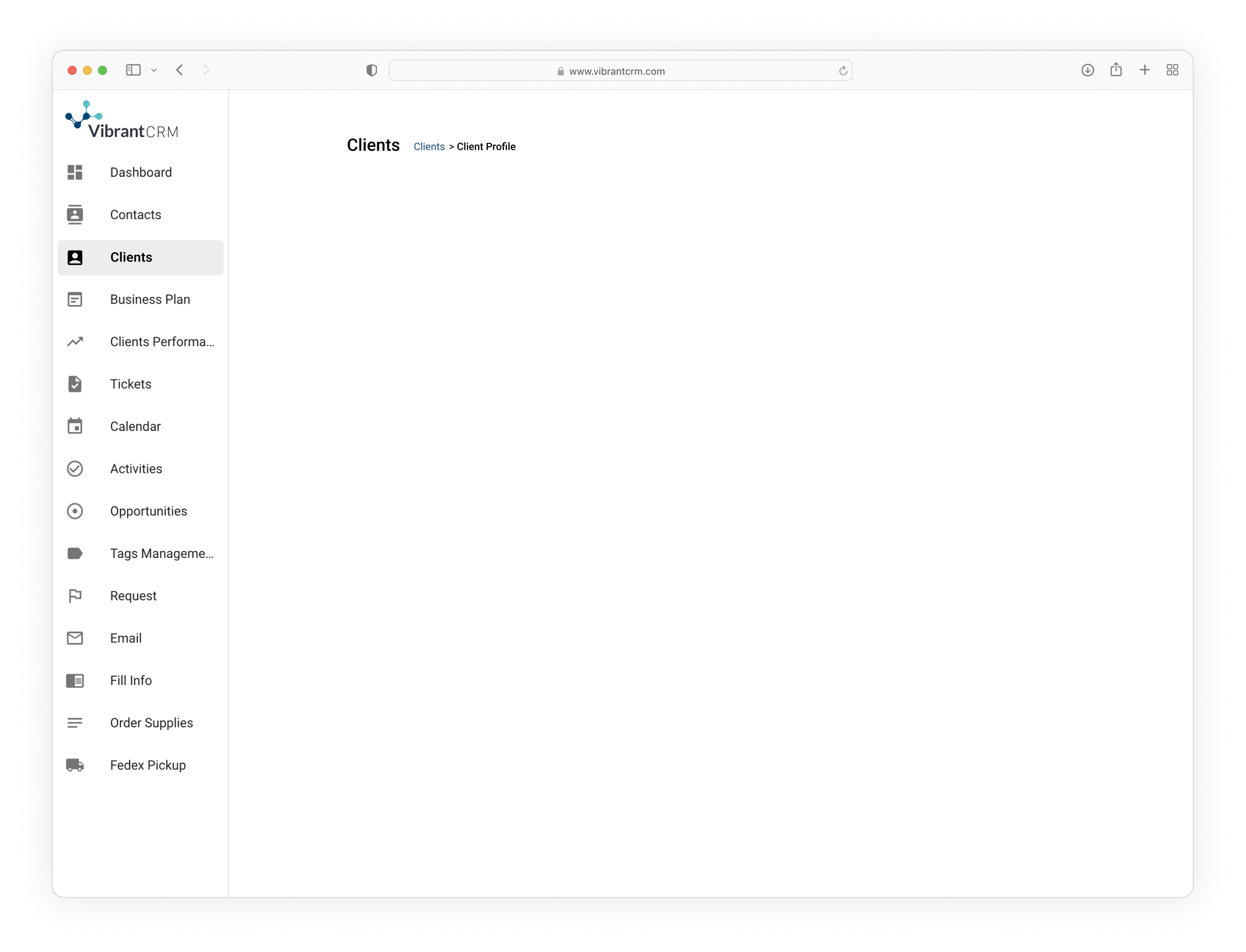 Vibrant CRM Client Profile workspace inside the product navigation