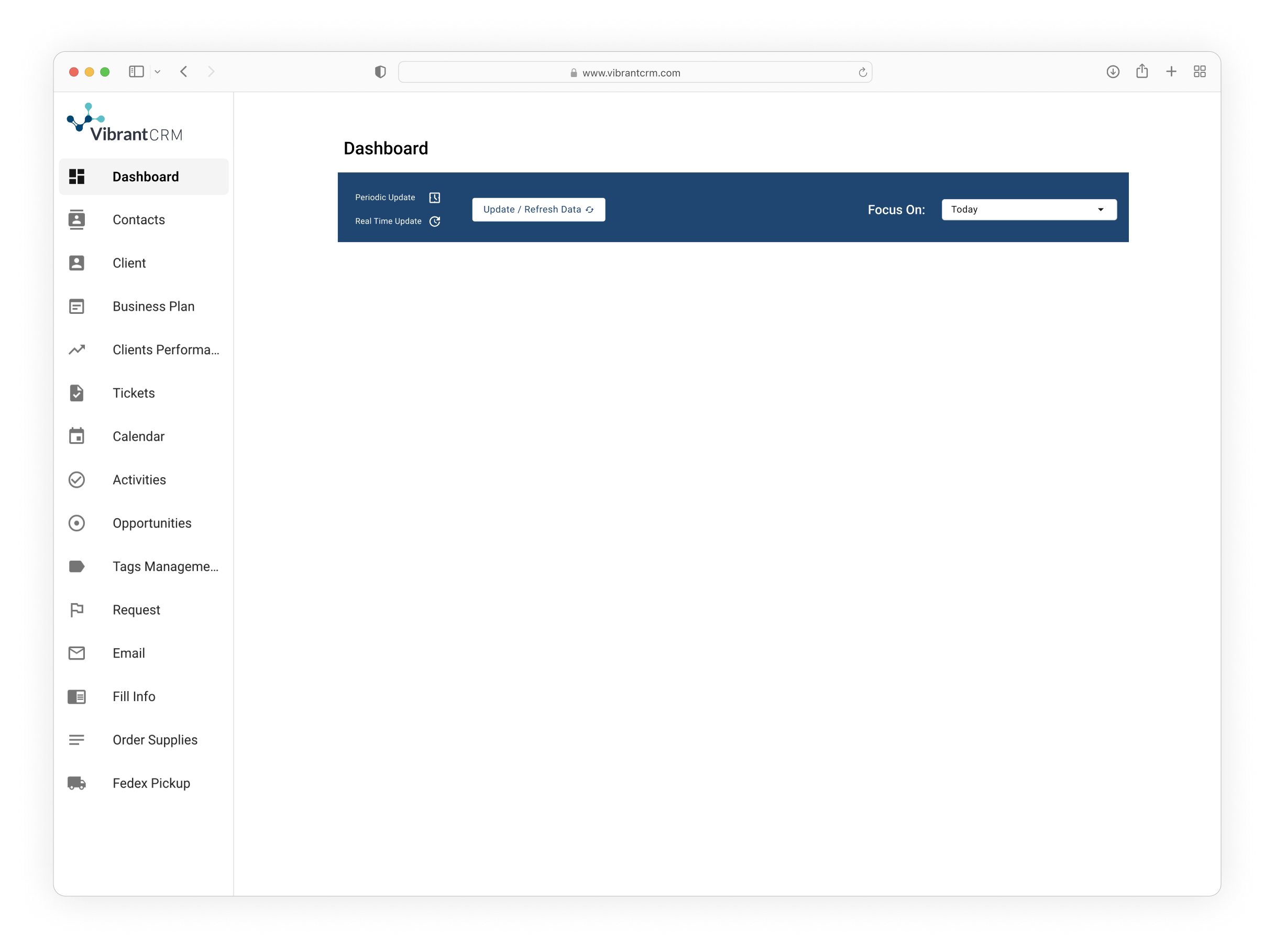 Vibrant CRM Dashboard workspace inside the product navigation